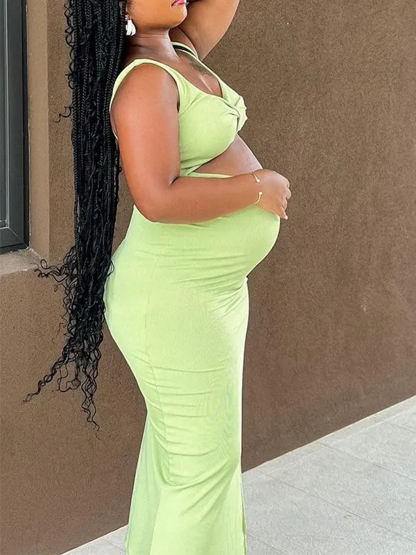 Momnfancy Green Off Shoulder Cut Out Bodycon V-Neck Cute Baby Shower Maternity Midi Dress