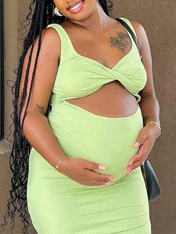 Momnfancy Green Off Shoulder Cut Out Bodycon V-Neck Cute Baby Shower Maternity Midi Dress