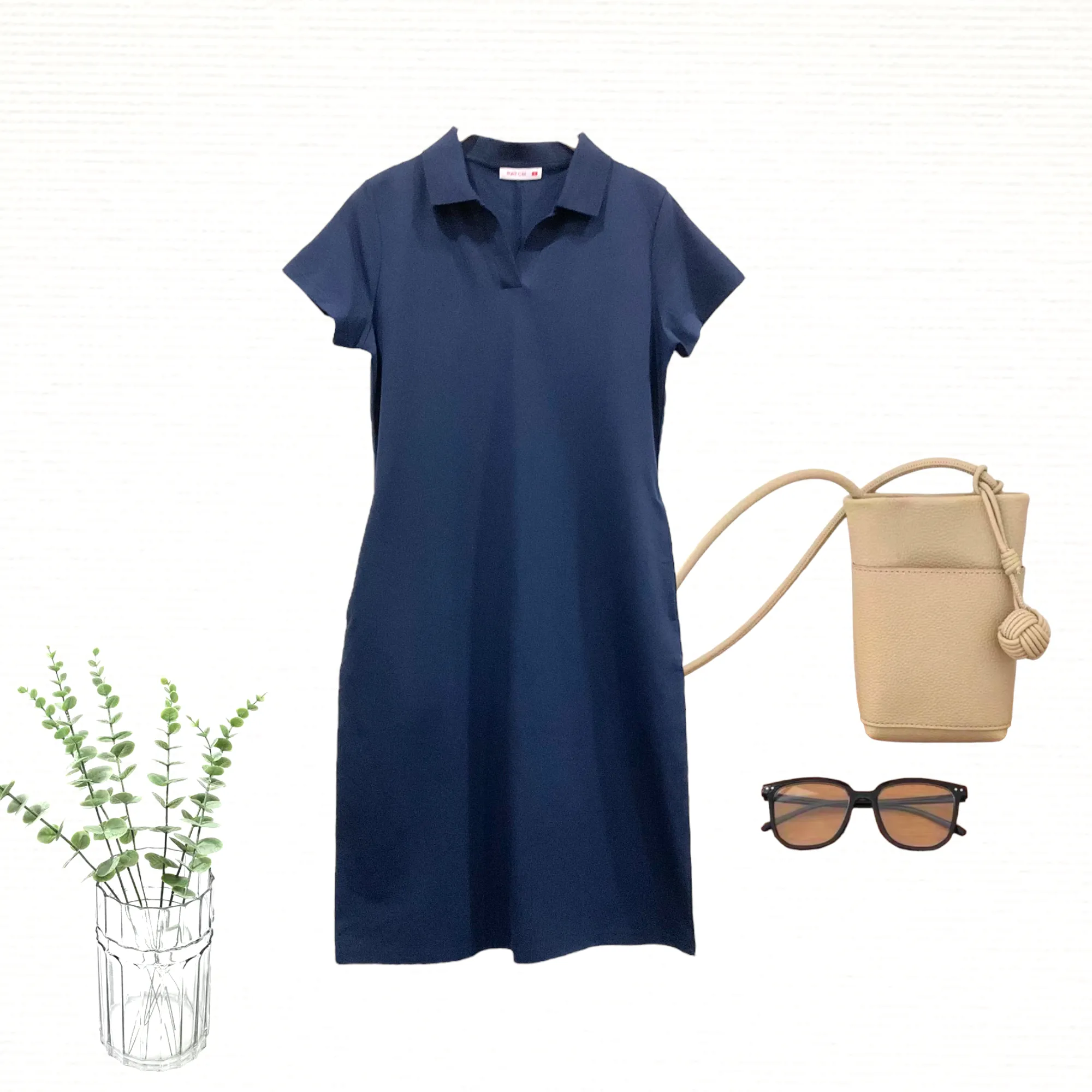 Patch Casual Short Sleeve Polo Dress With Pocket