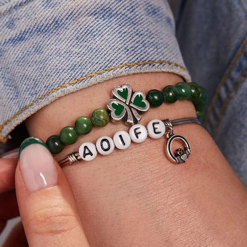 Personalized Letter Bead Bangle Bracelet With Claddagh Charm