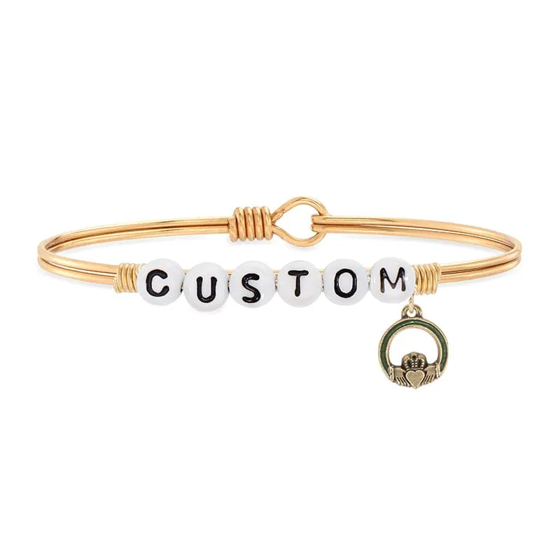 Personalized Letter Bead Bangle Bracelet With Claddagh Charm