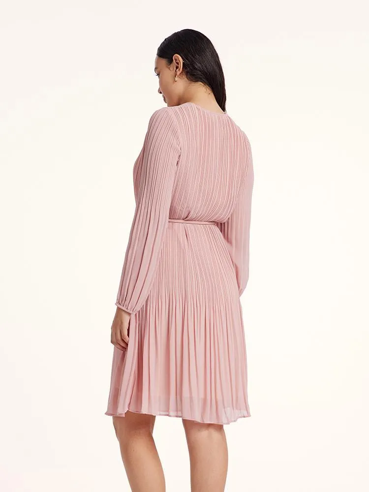 Pink Ruched Midi Dress With Belt