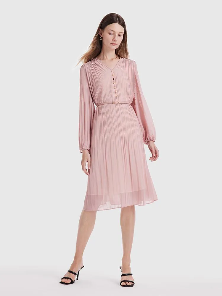 Pink Ruched Midi Dress With Belt