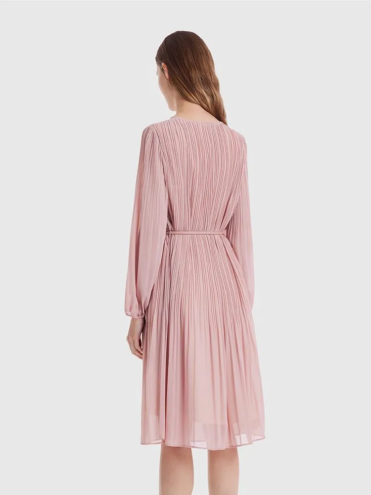 Pink Ruched Midi Dress With Belt