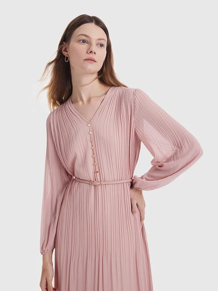 Pink Ruched Midi Dress With Belt