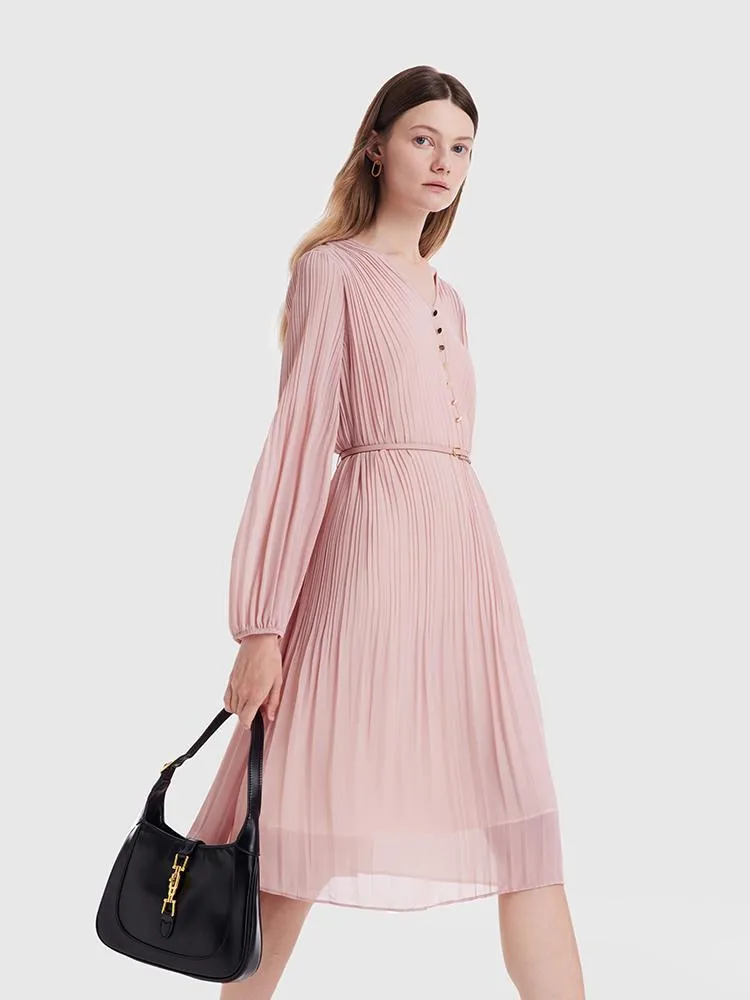 Pink Ruched Midi Dress With Belt