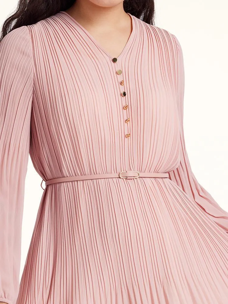 Pink Ruched Midi Dress With Belt