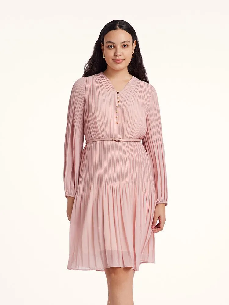 Pink Ruched Midi Dress With Belt