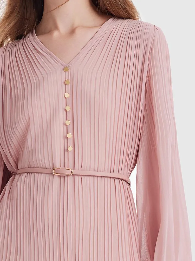 Pink Ruched Midi Dress With Belt