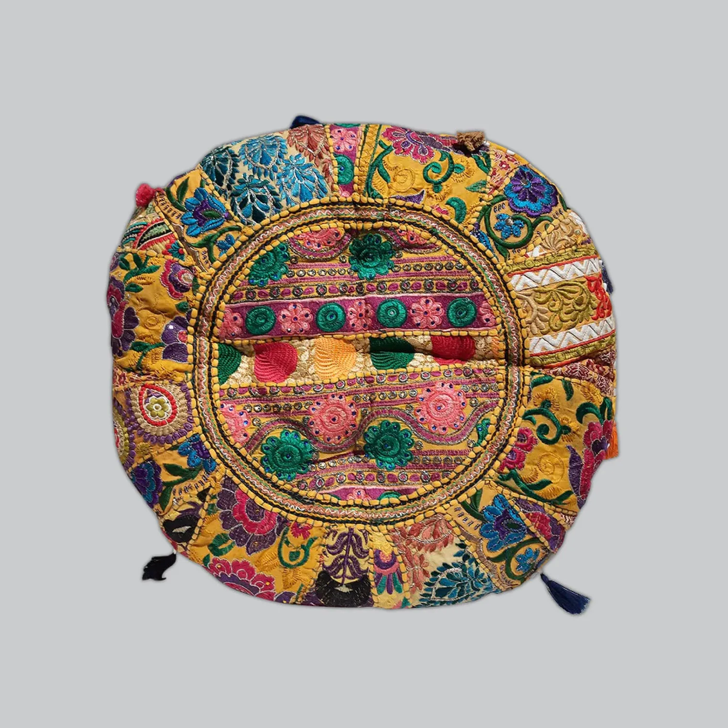 Round Floor Cushion with Mirror Work 24 in (Assorted Colour & Design)