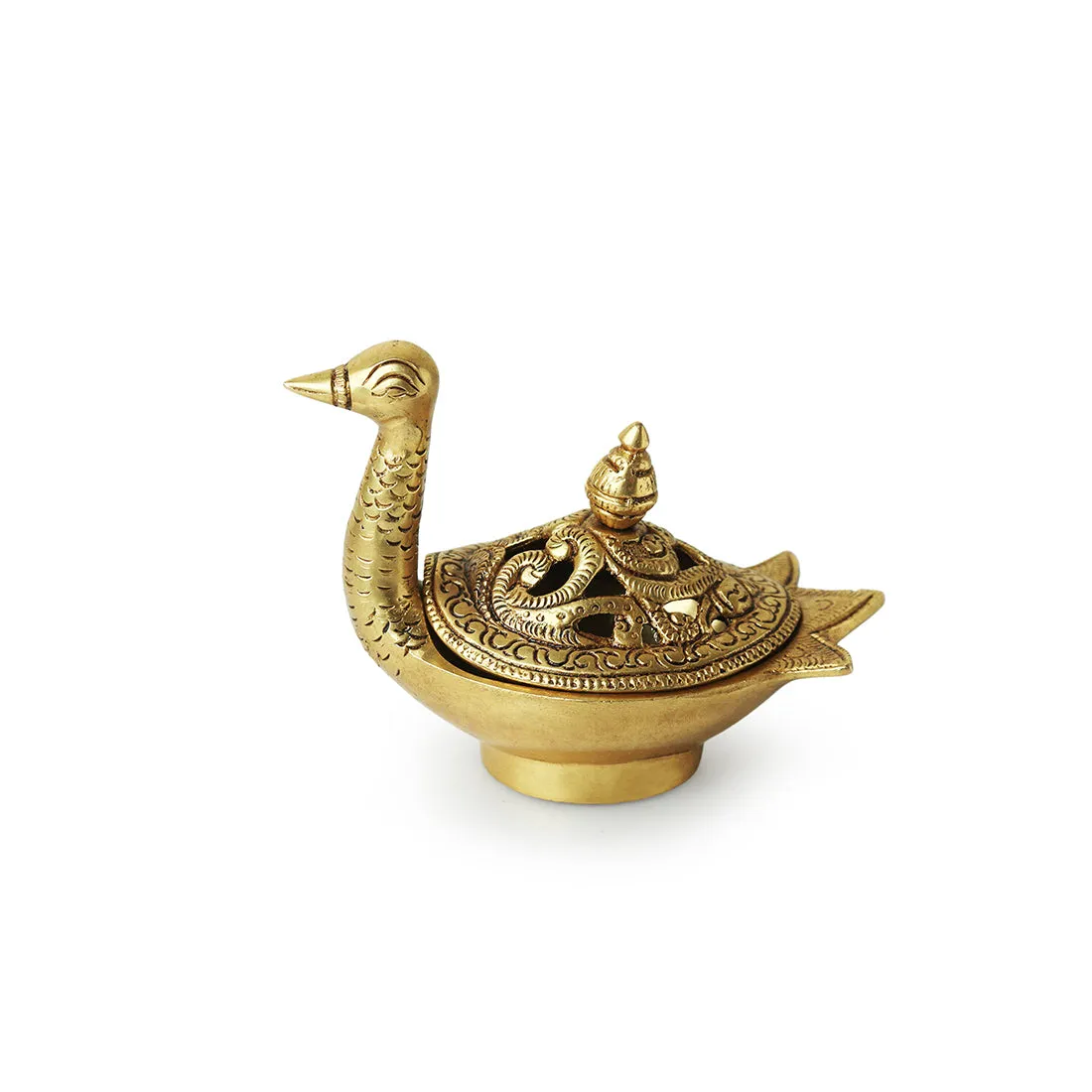 'Swan' Dhoop Dani Handcarved Brass Incense Burner (Hand-Etched, 4.3 Inches, 0.6 Kg)