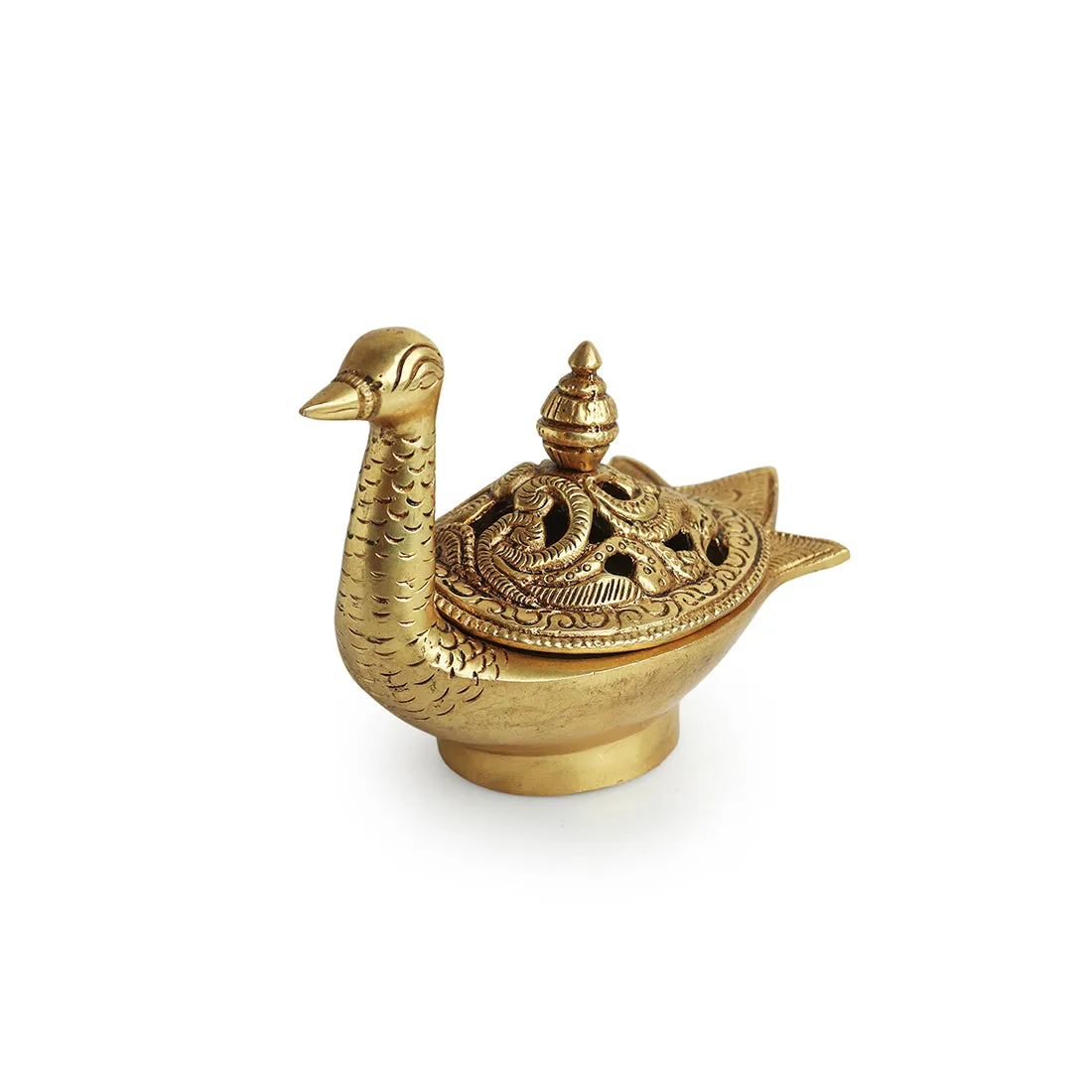 'Swan' Dhoop Dani Handcarved Brass Incense Burner (Hand-Etched, 4.3 Inches, 0.6 Kg)