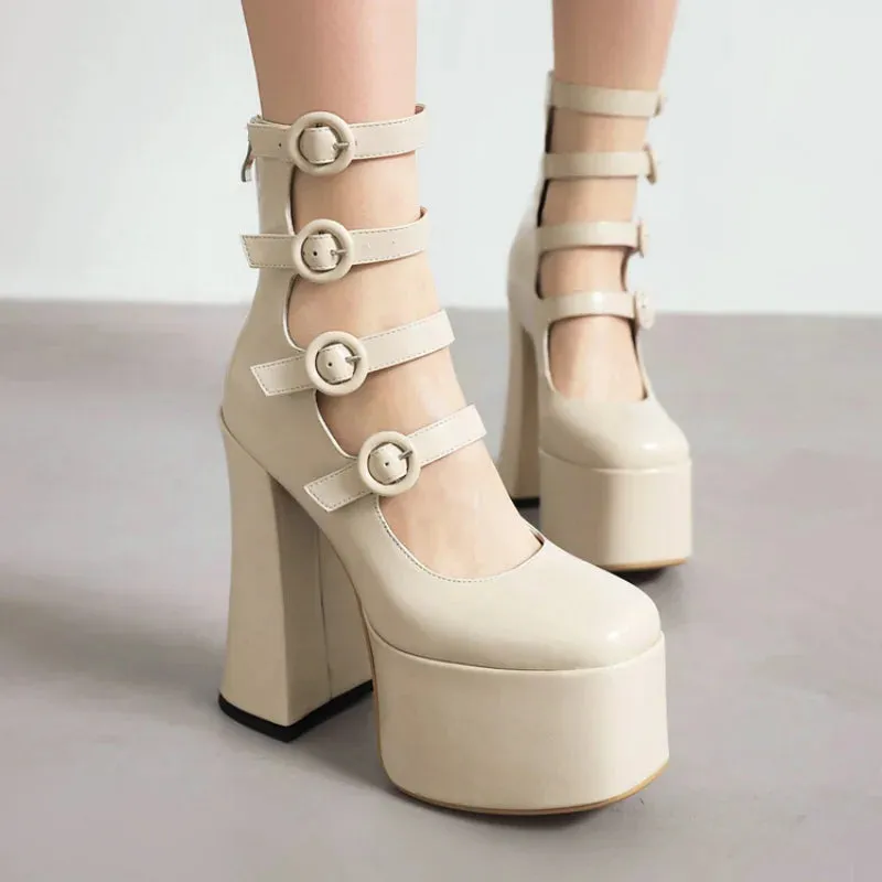 Thick Heel Round Buckle Patent Heel