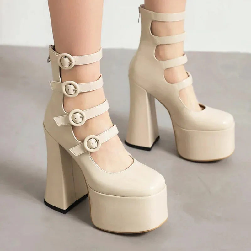 Thick Heel Round Buckle Patent Heel