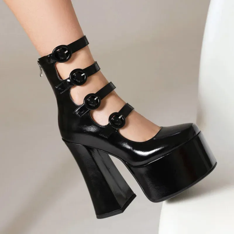 Thick Heel Round Buckle Patent Heel