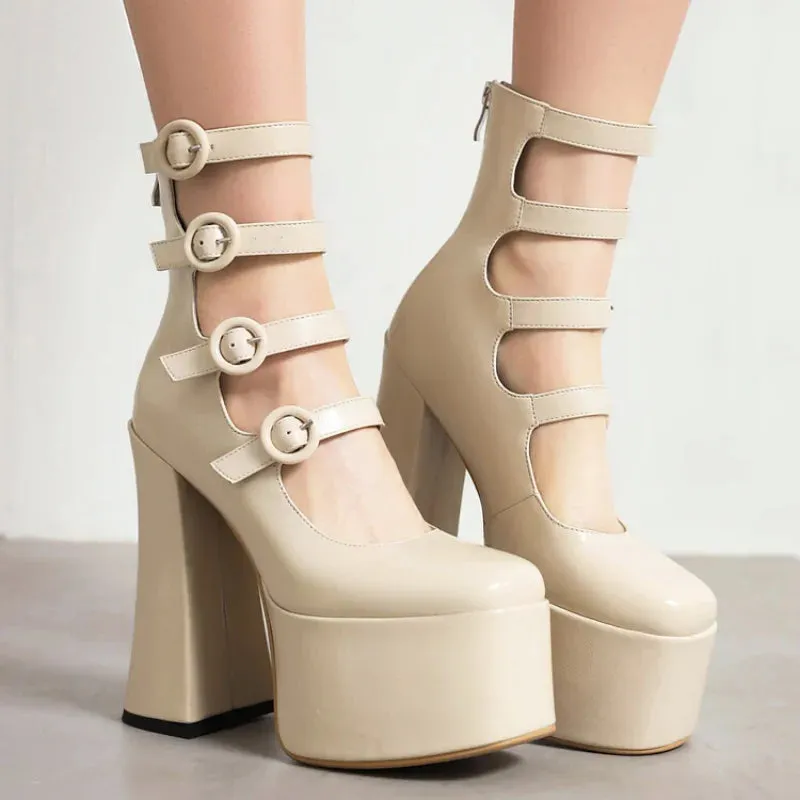 Thick Heel Round Buckle Patent Heel