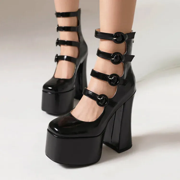 Thick Heel Round Buckle Patent Heel