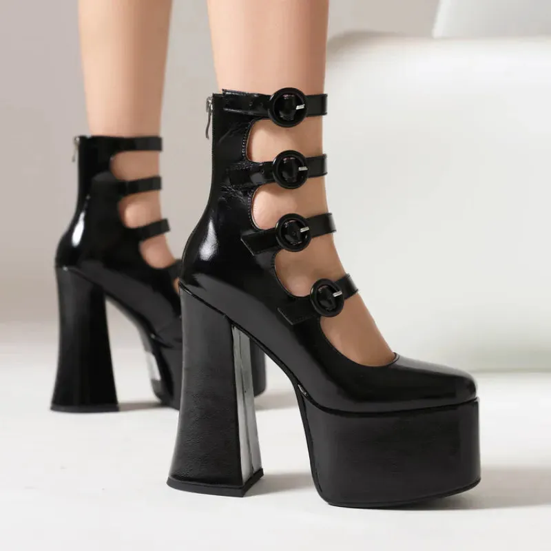 Thick Heel Round Buckle Patent Heel