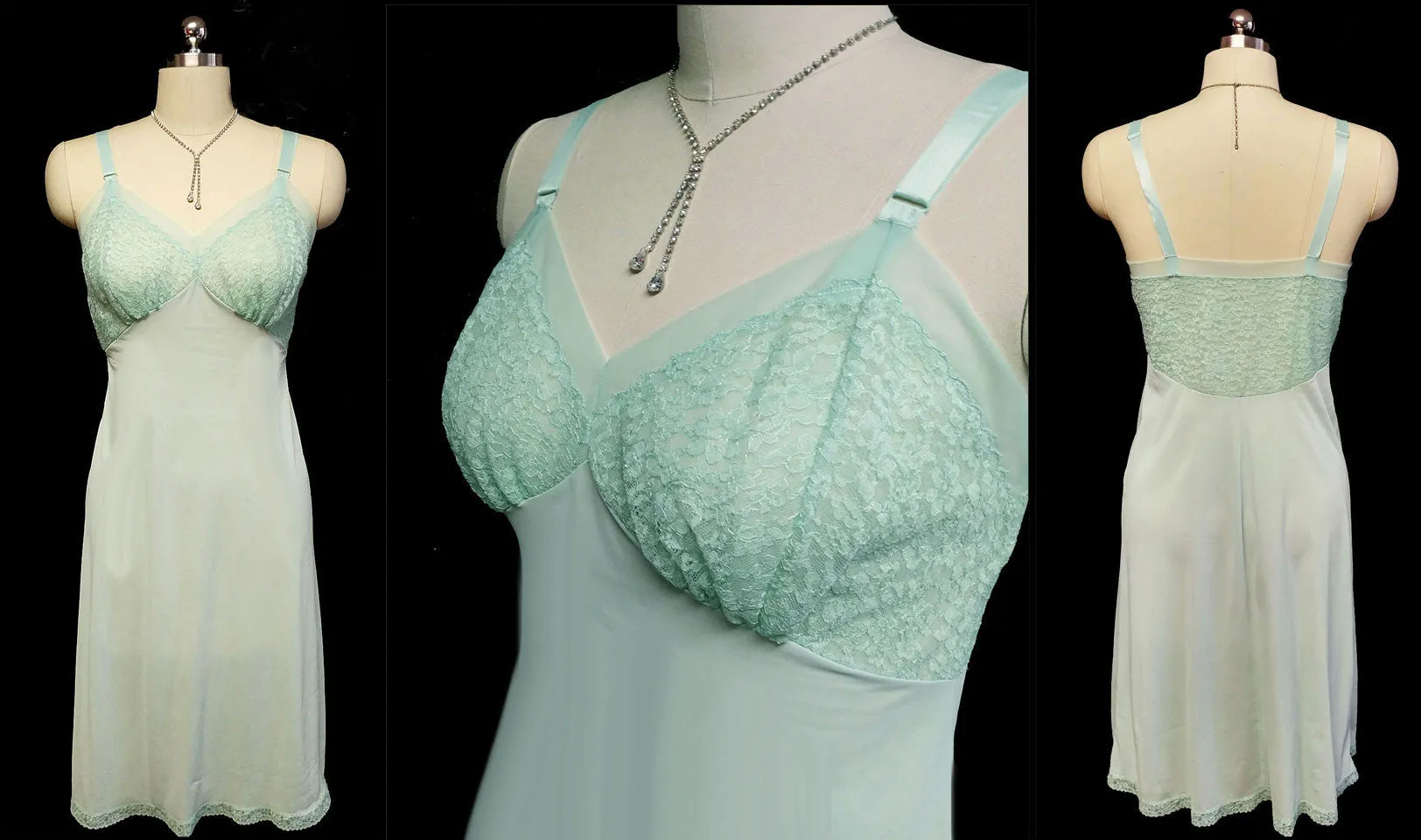 *VINTAGE SEAMPRUFE LACE SLIP IN RARE SEA GREEN